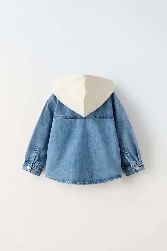 КОМБИНИРОВАННАЯ ДЖИНСОВАЯ КУРТКА-РУБАШКА С КАПЮШОНОМ