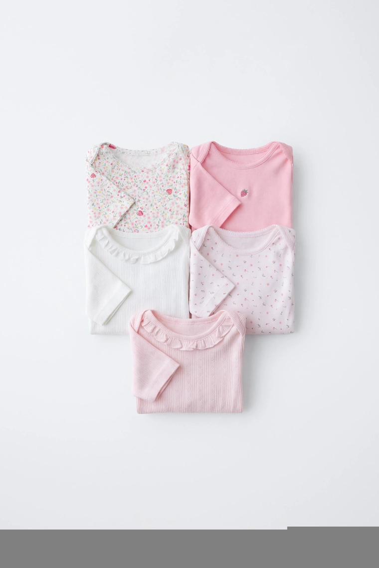 Набор из 5 комбинезонов с короткими рукавами в цветочном и клубничном дизайне