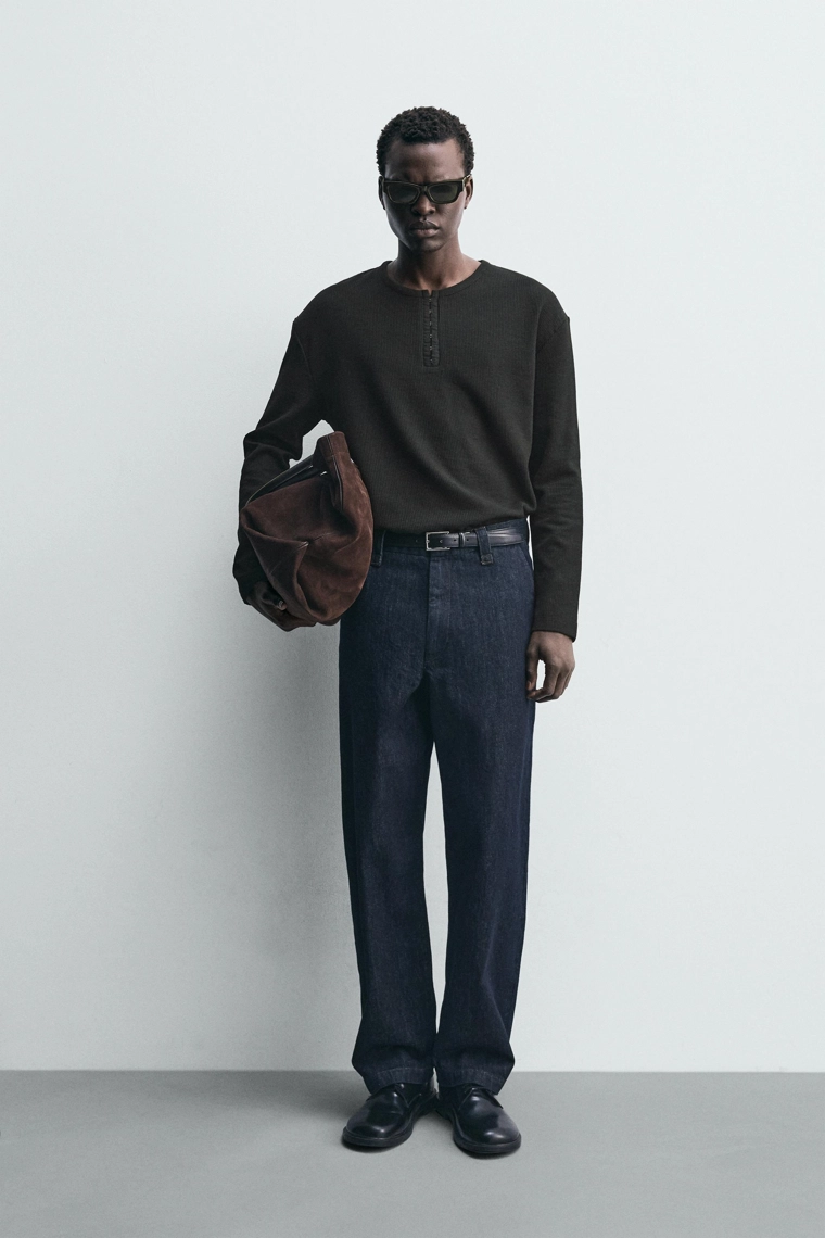 Футболка с воротником henley из ребристого трикотажа